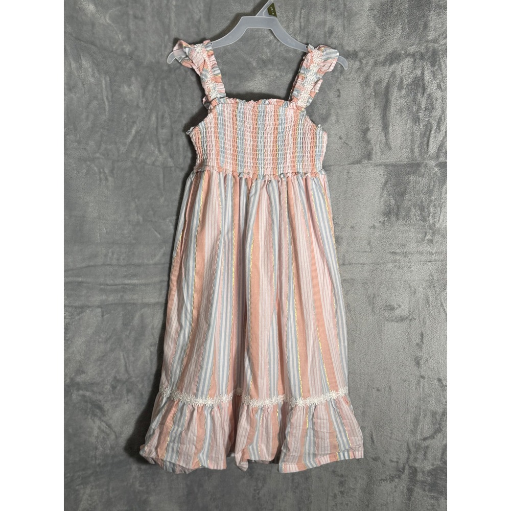 Cynthia Rowley Pastel Striped Smocked Midi Dress Gold Metallic Daisy Trim Size 8
